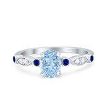 Vintage Style Oval Bridal Wedding Ring Round Blue Sapphire Simulated Aquamarine CZ 925 Sterling Silver