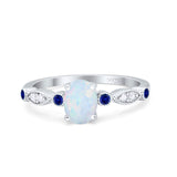 Vintage Style Oval Bridal Wedding Ring Round Blue Sapphire Lab Created White Opal 925 Sterling Silver