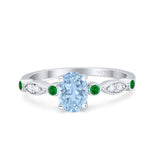 Vintage Style Oval Bridal Wedding Engagement Ring Round Green Emerald Simulated Aquamarine CZ 925 Sterling Silver