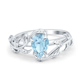 Art Deco Leaves Pear Vintage Style Bridal Wedding Engagement Ring Round Simulated Aquamarine CZ 925 Sterling Silver