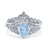 Two Piece Vintage Style Wedding Bridal Set Ring Band Oval Simulated Aquamarine CZ 925 Sterling Silver