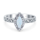 Halo Art Deco Bridal Wedding Engagement Ring Marquise Lab Created White Opal 925 Sterling Silver