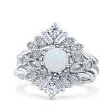 Art Deco Three Piece Wedding Bridal Set Ring Round Lab Created White Opal 925 Sterling Silver