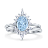 Two Piece Vintage Style Art Deco Wedding Bridal Set Ring Band Oval Simulated Aquamarine CZ 925 Sterling Silver