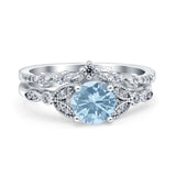 Two Piece Vintage Style Wedding Bridal Set Ring Band Round Simulated Aquamarine CZ 925 Sterling Silver