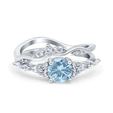 Two Piece Vintage Style Art Deco Engagement Bridal Set Ring Round Simulated Aquamarine CZ 925 Sterling Silver