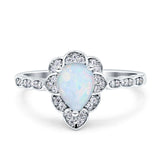 Teardrop Pear Shape Halo Engagement Ring Lab Created White Opal 925 Sterling Silver