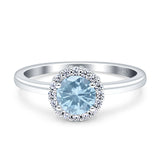 Art Deco Wedding Ring Halo Round Simulated Aquamarine CZ Stones 925 Sterling Silver