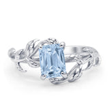 Art Deco Engagement Ring Natural Leaf Design Emerald Cut Simulated Aquamarine 925 Sterling Silver Wholesale