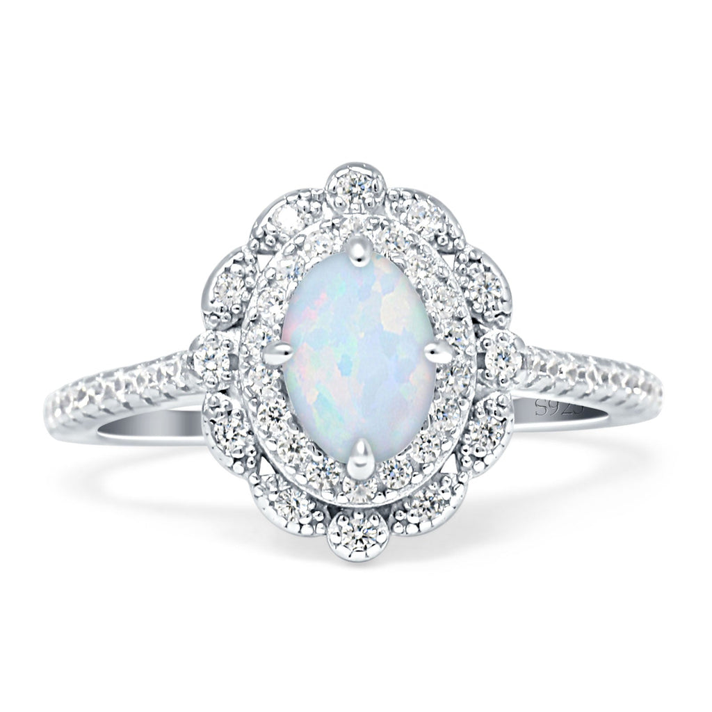 Floral Oval Vintage Fashion Ring Lab Created White Opal 925 Sterling S