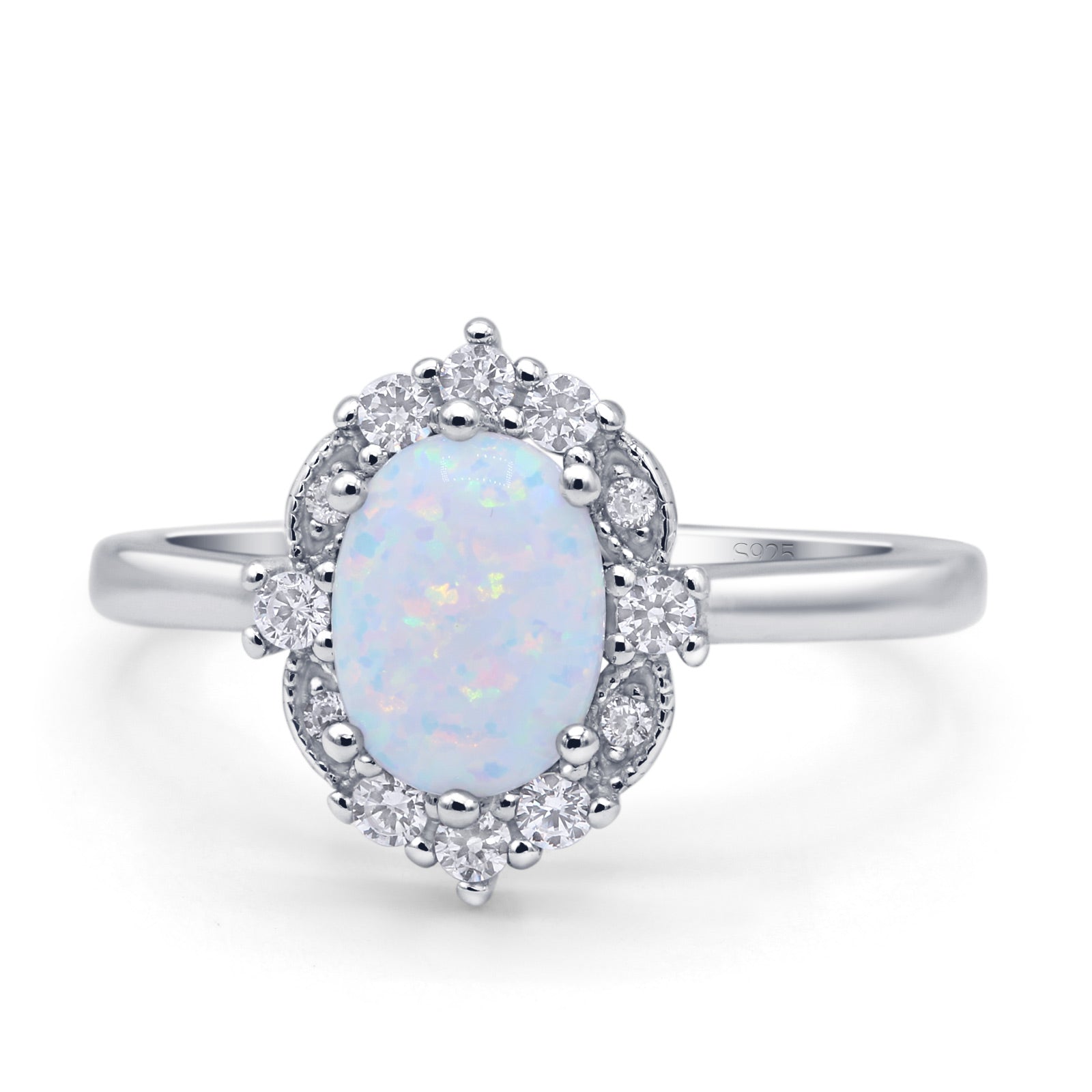 Halo Ballerina Style Oval Fashion Ring Lab Created White Opal 925 Ster