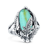 Oval Leaf Petite Dainty Simulated Turquoise Ring Solid Oxidized 925 Sterling Silver