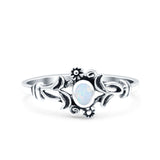 Vintage Style Petite Dainty Lab Created White Opal Ring Solid Round Oxidized 925 Sterling Silver