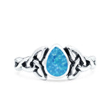 Celtic Pear Lab Created Blue Opal Ring Solid Oxidized 925 Sterling Silver