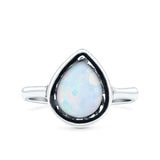 Petite Dainty Pear Lab Created White Opal Ring Solid Oxidized 925 Sterling Silver