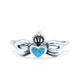 Petite Dainty Heart Lab Created Blue Opal Ring Solid Oxidized 925 Sterling Silver