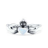 Petite Dainty Heart Lab Created White Opal Ring Solid Oxidized 925 Sterling Silver