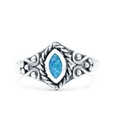 Vintage Style Marquise Lab Created Blue Opal Ring Solid Oxidized 925 Sterling Silver