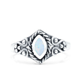Vintage Style Marquise Lab Created White Opal Ring Solid Oxidized 925 Sterling Silver