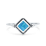 Square Vintage Style Petite Dainty Lab Created Blue Opal Ring Solid Oxidized 925 Sterling Silver