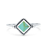 Square Vintage Style Petite Dainty Simulated Turquoise Ring Solid Oxidized 925 Sterling Silver