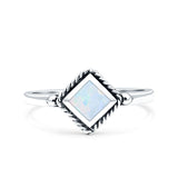 Square Vintage Style Petite Dainty Lab Created White Opal Ring Solid Oxidized 925 Sterling Silver