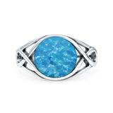 Infinity Shank Lab Created Blue Opal Ring Solid Round Oxidized 925 Sterling Silver