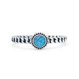 Chain Round Petite Dainty Lab Created Blue Opal Ring Solid Oxidized 925 Sterling Silver