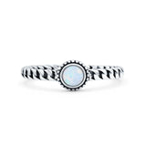 Chain Round Petite Dainty Lab Created White Opal Ring Solid Oxidized 925 Sterling Silver