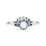 Flower Petite Dainty Thumb Ring Round Lab Created White Opal Statement Fashion Ring Oxidized 925 Sterling Silver