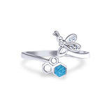 Bee with Honeycomb Thumb Ring Hexagon Lab Created Blue Opal Statement Fashion Ring 925 Sterling Silver