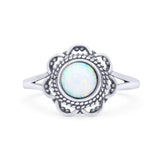 Flower Thumb Ring Round Statement Fashion Lab Created White Opal Oxidized Band Solid 925 Sterling Silver
