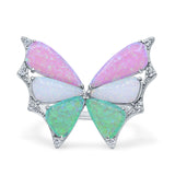 Butterfly Petite Dainty Thumb Ring Lab Created Pink, Green, White Opal Statement Fashion Ring 925 Sterling Silver
