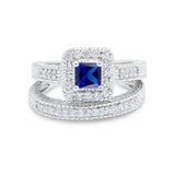 Two Piece Vintage Style Wedding Ring Simulated Blue Sapphire CZ 925 Sterling Silver