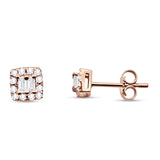 Solid 14K Rose Gold 5mm Modern Square Round Baguette Diamond Stud Earrings Push Back Wholesale