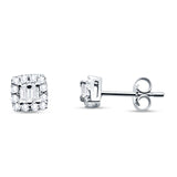 Solid 14K White Gold 5mm Modern Square Round Baguette Diamond Stud Earrings Push Back Wholesale