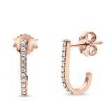 Solid 14K Rose Gold 12.7mm J Shaped Classic Hoop Push Back Stud Earring Round Diamond Wholesale