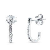 Solid 14K White Gold 12.7mm J Shaped Classic Hoop Push Back Stud Earring Round Diamond Wholesale