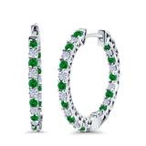 Huggie Hoop Earrings Round Simulated Green Emerald CZ 925 Sterling Silver (14mm)