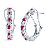 Half Eternity Huggie Hoop Earrings Round Simulated Ruby CZ 925 Sterling Silver (18mm)