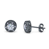 Art Deco Round Halo Engagement Stud Earrings Black Tone, Simulated CZ 925 Sterling Silver