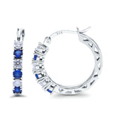 Half Eternity Huggie Hoop Earrings Round Simulated Blue Sapphire Cubic Zirconia 925 Sterling Silver (21mm)