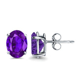 Art Deco Oval Wedding Bridal Solitaire Stud Earrings Simulated Amethyst CZ 925 Sterling Silver-8mmx6mm