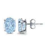 Art Deco Oval Wedding Bridal Solitaire Stud Earrings Simulated Aquamarine CZ 925 Sterling Silver-8mmx6mm