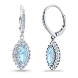 Halo Marquise Dangling Leverback Wedding Earrings Simulated Aquamarine CZ 925 Sterling Silver (31mm)