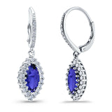 Halo Marquise Dangling Leverback Wedding Earrings Simulated Blue Sapphire CZ 925 Sterling Silver (31mm)