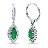 Halo Marquise Dangling Leverback Wedding Earrings Simulated Green Emerald CZ 925 Sterling Silver (31mm)