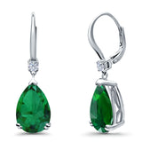 Pear Shape Dangling Leverback Earrings Wedding Simulated Green Emerald CZ 925 Sterling Silver (22mm)