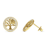 Tree Of Life Stud Earrings Cubic Zirconia Yellow Tone 925 Sterling Silver Wholesale