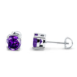 Solitaire Screw Back Stud Earring Brilliant Round Simulated Amethyst CZ Solid 925 Sterling Silver